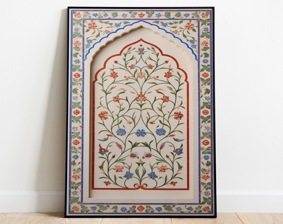 Mughal Floral Inlay Arch Panel Blue Red Flowers Vintage Art Poster