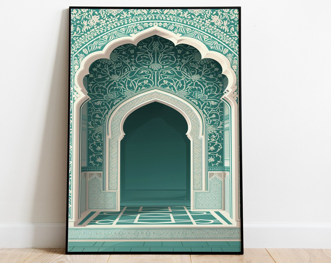 Teal Mughal Arched Palace Doorway With Carved Walls Art Poster