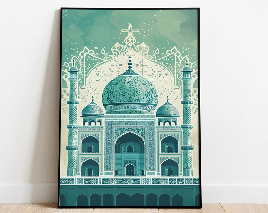 Teal Taj Mahal Mughal Monument Monochrome India Travel Poster
