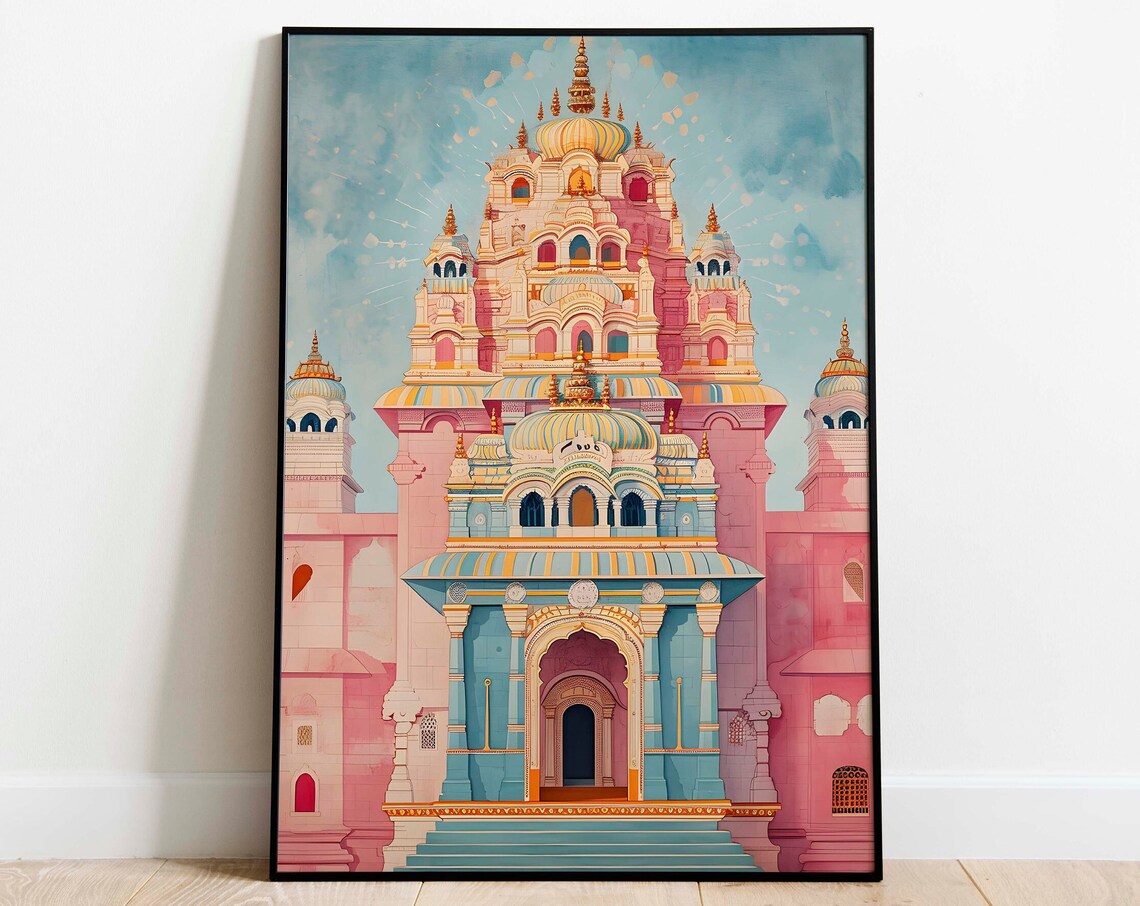 Pink Indian Temple Watercolor Tiered Tower Spiritual Art Poster