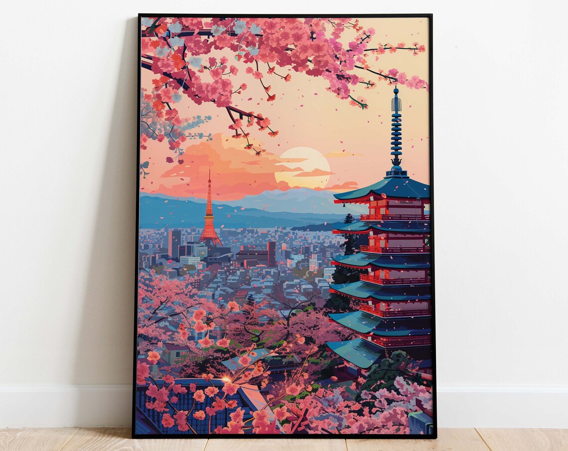 Tokyo Cherry Blossom Cityscape With Red Pagoda at Sunset Poster