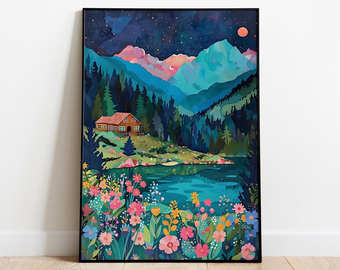 Starry Night Mountain Cabin by a Lake With Wildflowers Art Poster