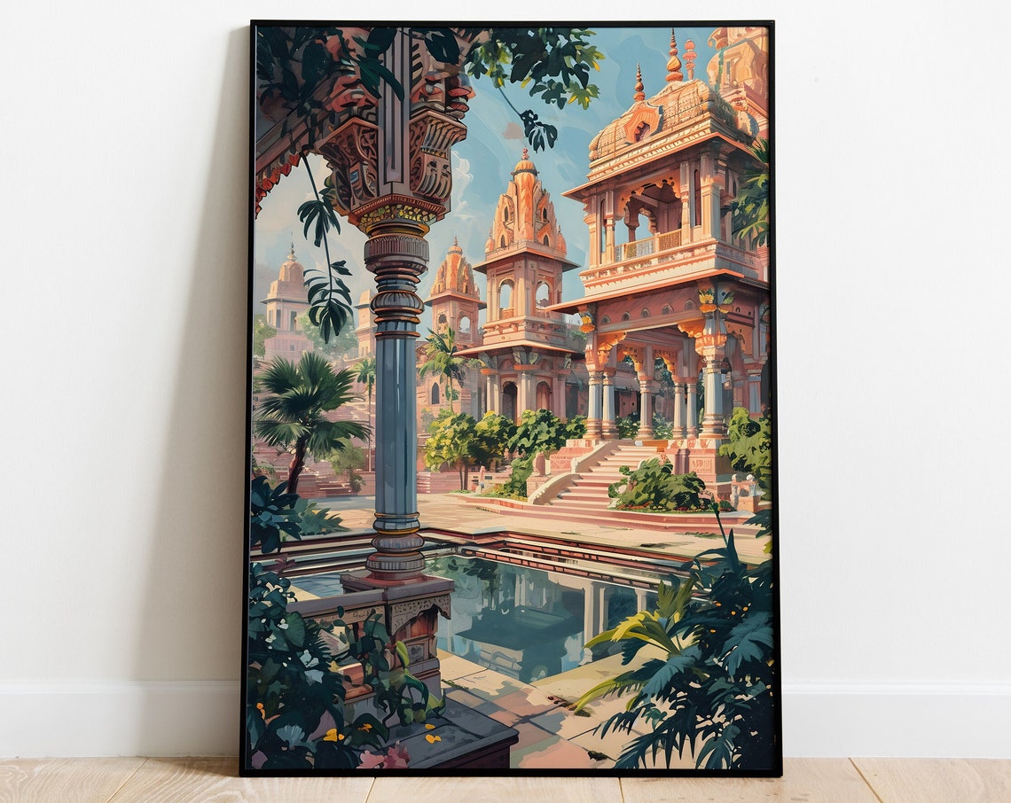 Indian Temple Carved Pillar Courtyard Reflection Pool Art Poster