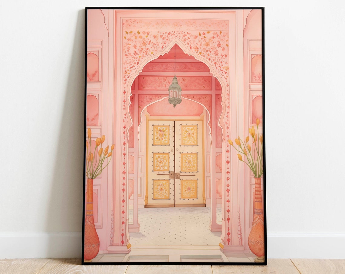 Jaipur Indian Palace Art Set Rajput Royal Prints Living Room Decor Indian Door Painting Pink City Water Color Painting Indian Doors