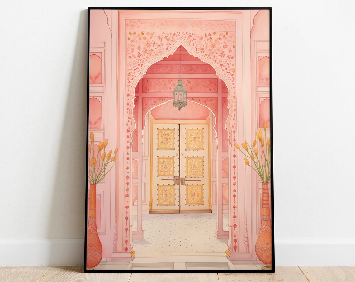 Pink Jaipur Palace Archway Doorway Lantern Watercolor Art Poster