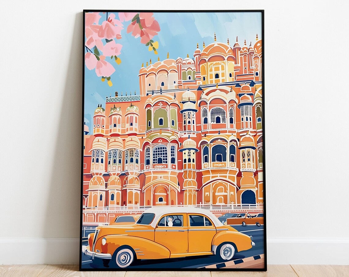 Hawa Mahal Jaipur Pink Facade Vintage Yellow Taxi Street Scene Poster