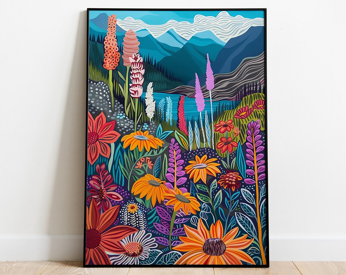 Colorful Wildflower Mountain Valley Lake Scenic Nature Poster