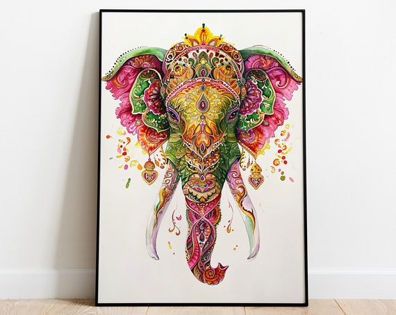 Pink and Green Mandala Watercolor Elephant Head Jewel Art Poster