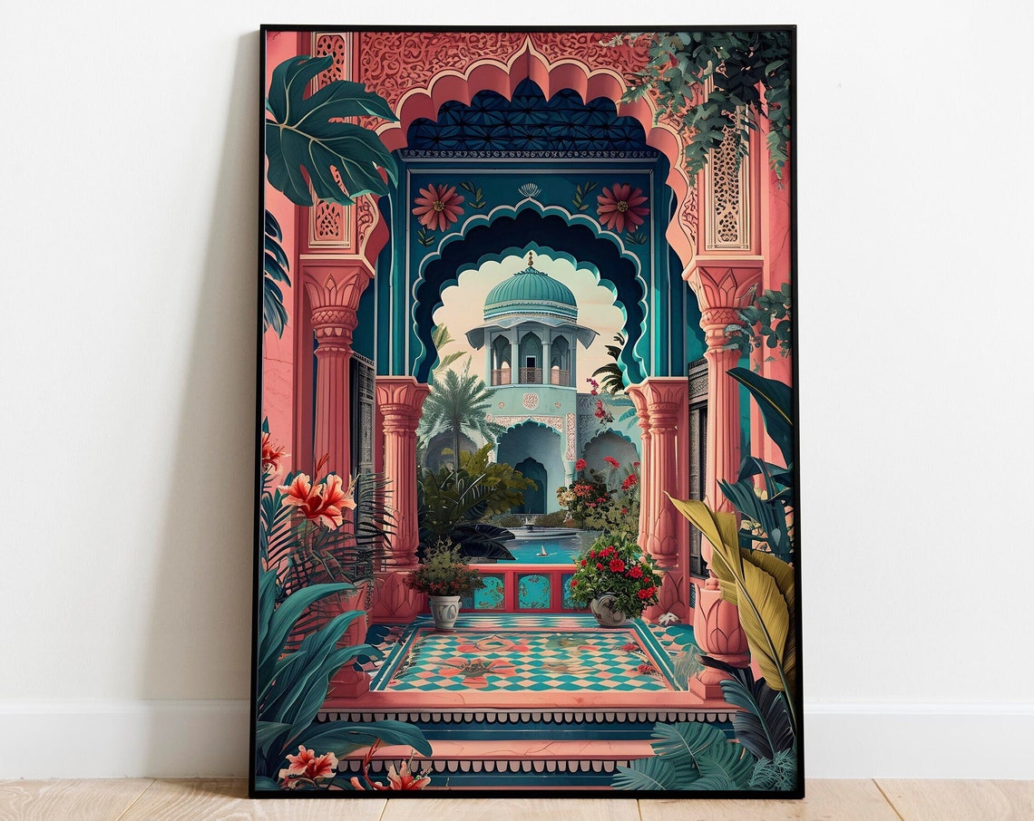 Jaipur Pink Palace Arch Courtyard Tropical Pavilion Travel Poster