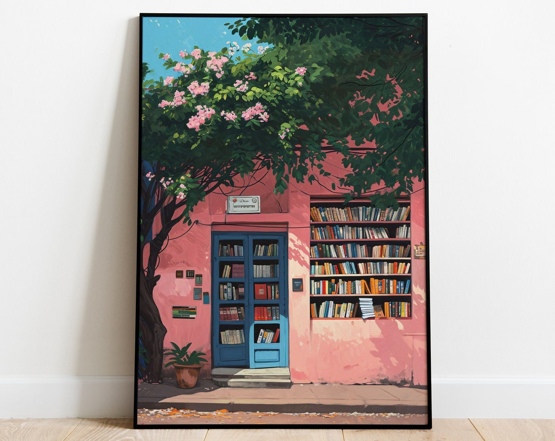 Pink Indian Bookshop With Blue Door Cozy Reading Corner Art Poster