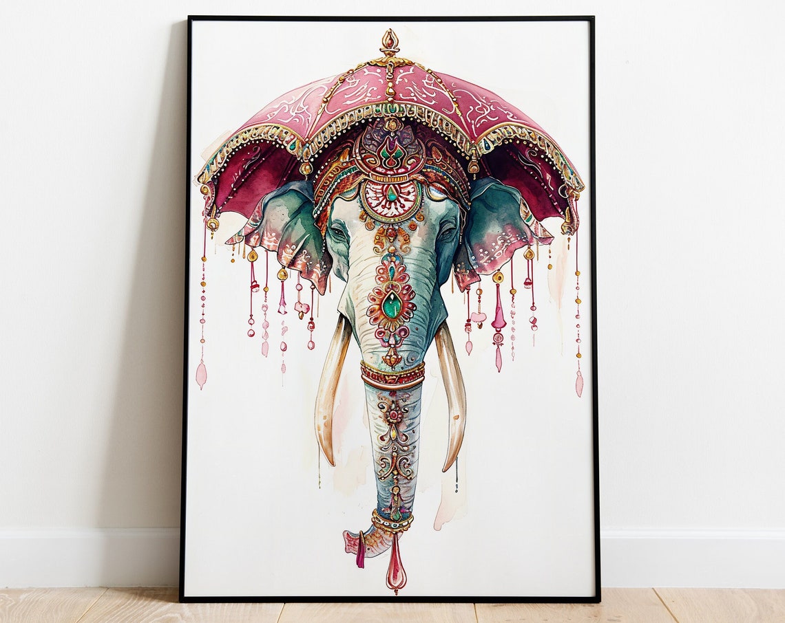 White Temple Elephant With a Pink Ceremonial Umbrella Art Poster