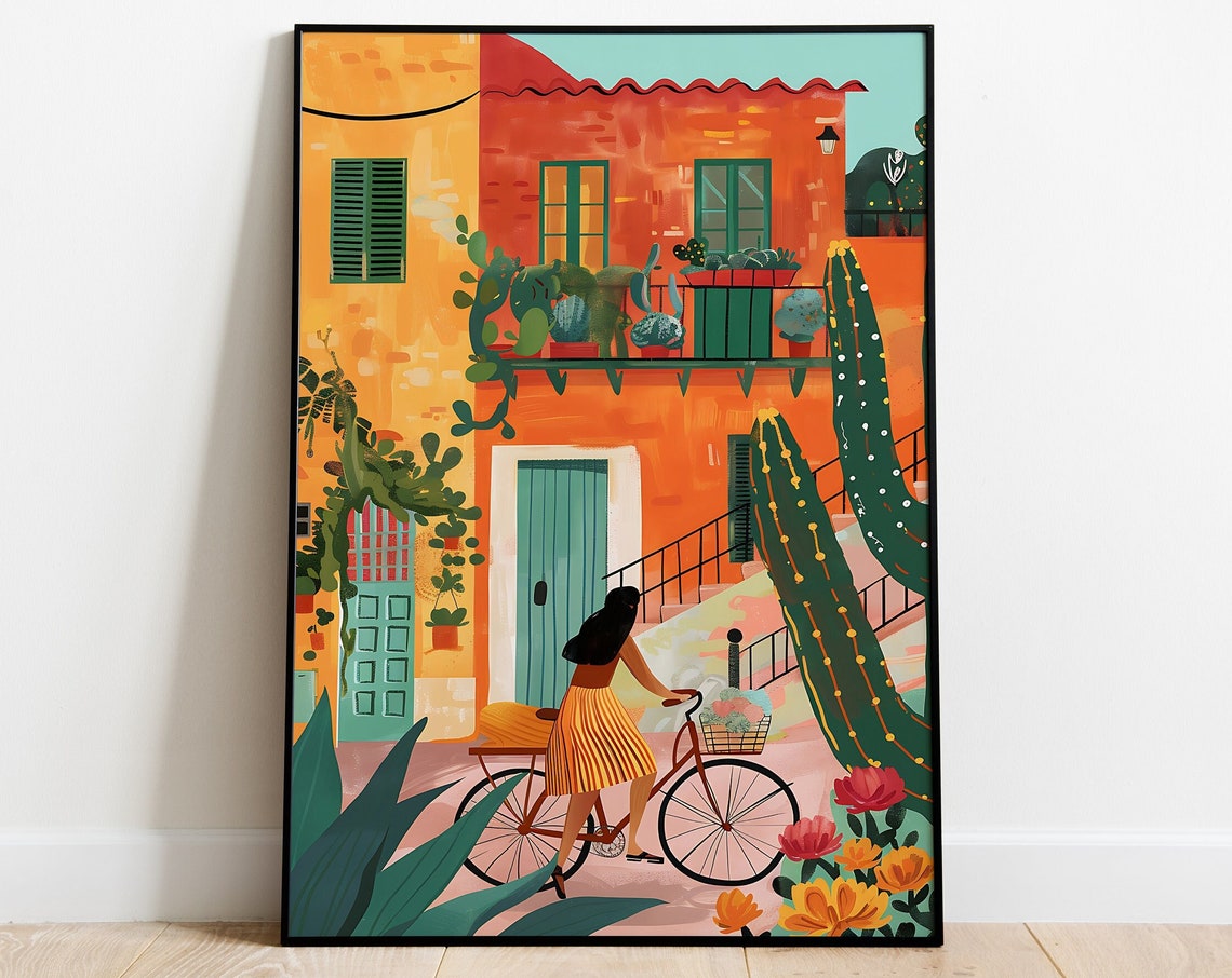 Mexican Girl Cycling Travel Art Print Print Poster Cityscape Wall Art Mexico Art Print Summer Floral Travel Poster