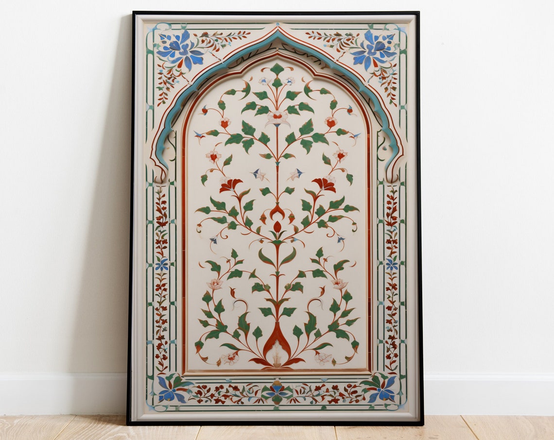 Cream Indian Inlay Arch Red Green Floral Vine Vintage Wall Art