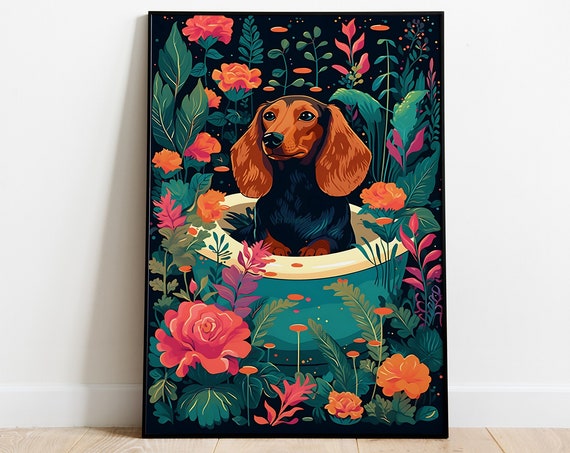 Dachshund Pet Dog In A Bath Wall Art Funny Pet Poster Printable Art Dog Lover Gifts Maximalist Wall Artbathroom Wall Art