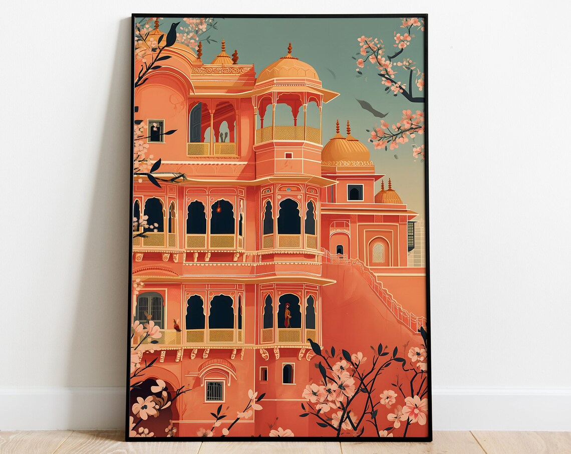 Jaipur Coral Palace Domes Cherry Blossoms Pink City Travel Poster