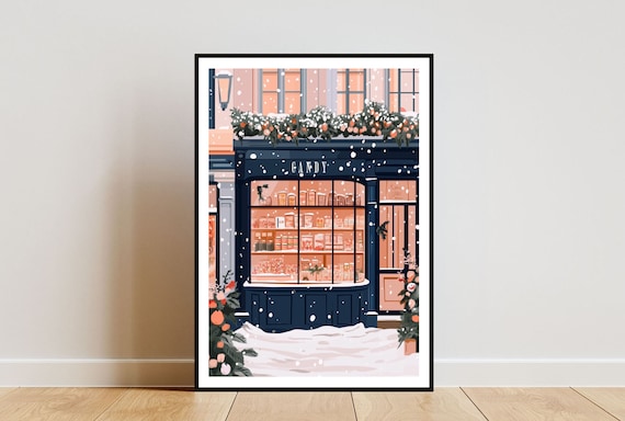Candy Shop Snowy Winter Night Glowing Festive Storefront Art Poster