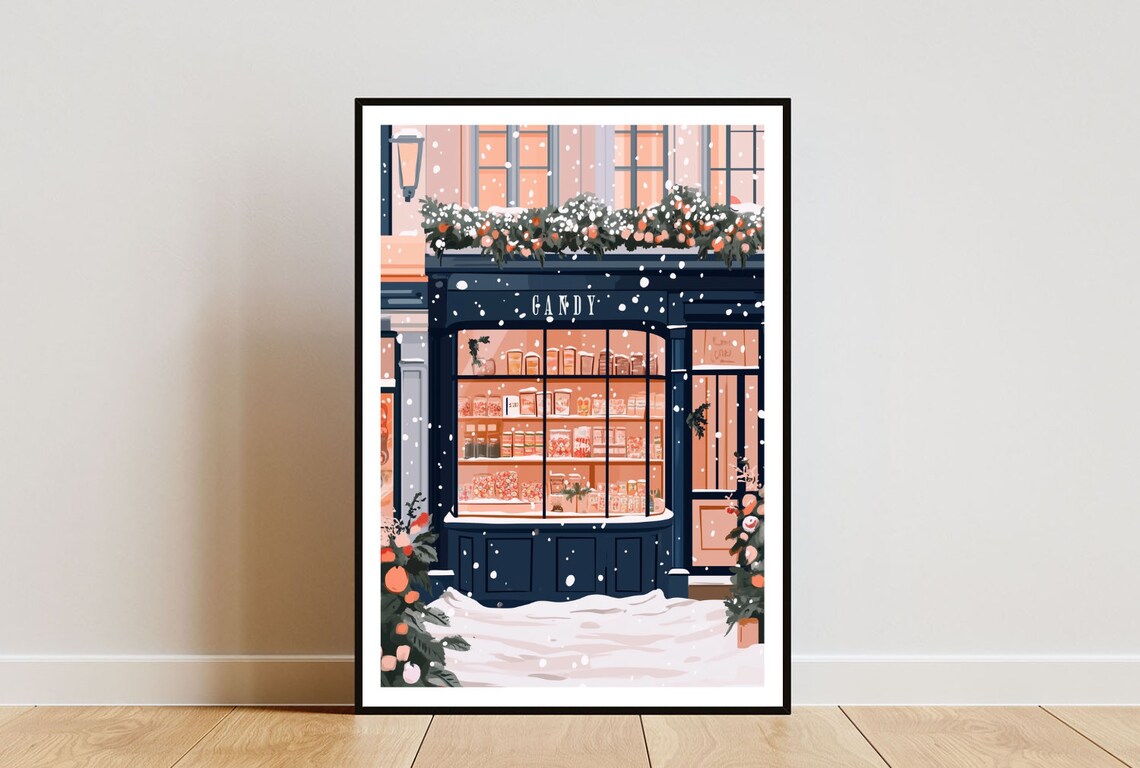 Candy Shop Snowy Winter Night Glowing Festive Storefront Art Poster