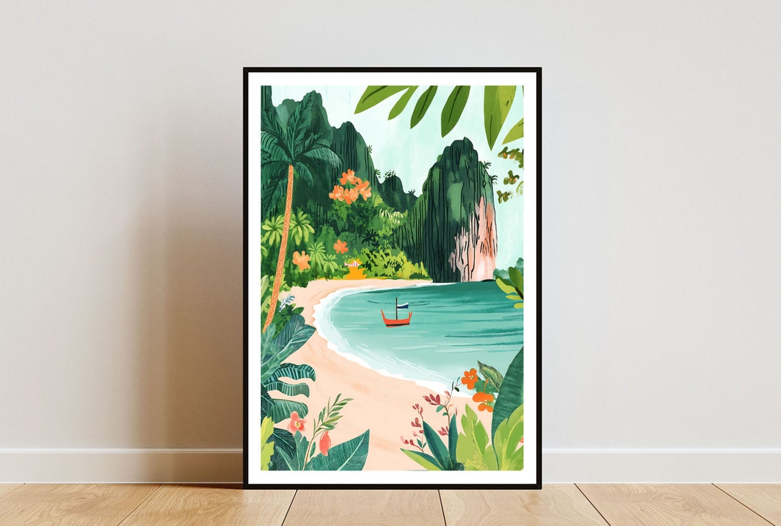 Thailand Ao Nang Tropical Beach with Cliffs and Longtail Boat Poster