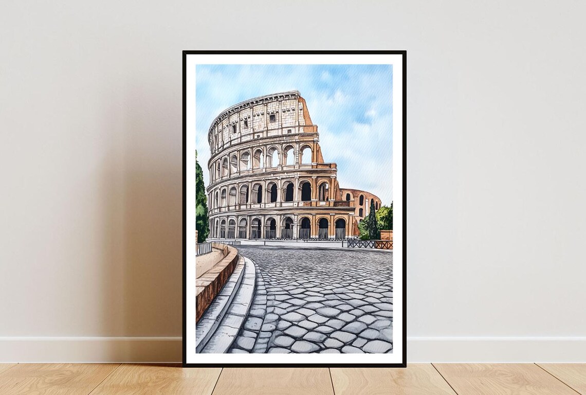 Rome Colosseum Watercolor Ancient Roman Landmark Travel Art Poster