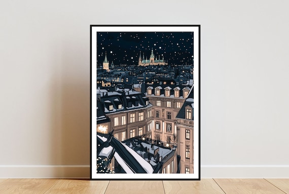 Prague Snowy Rooftops Castle Towers Winter Starry Night Poster