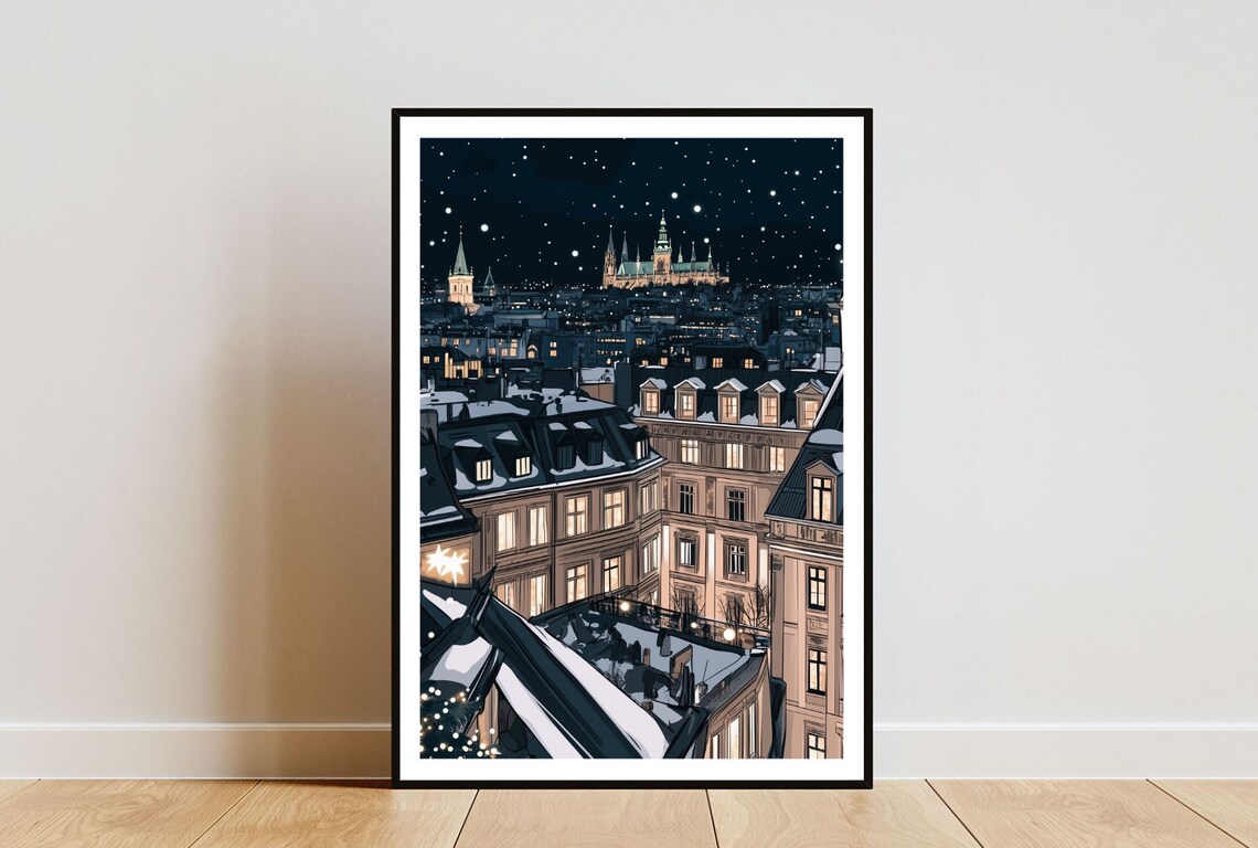 Prague Snowy Rooftops Castle Towers Winter Starry Night Poster
