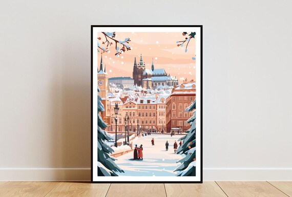 Prague Winter Snowfall Art Print Czech Old Town Travel Wall Decor Scene