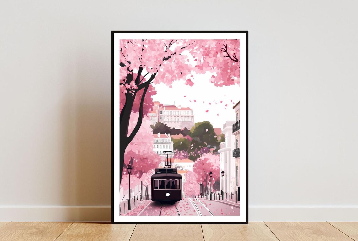 Lisbon Tram Under Pink Blossom Trees Hillside Street Scene Poster