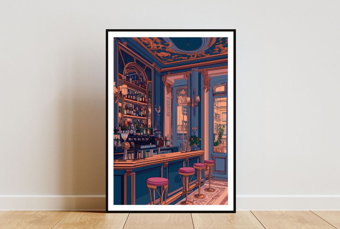 Vintage Cocktail Bar Illustration Ornate Blue Bar Interior Poster