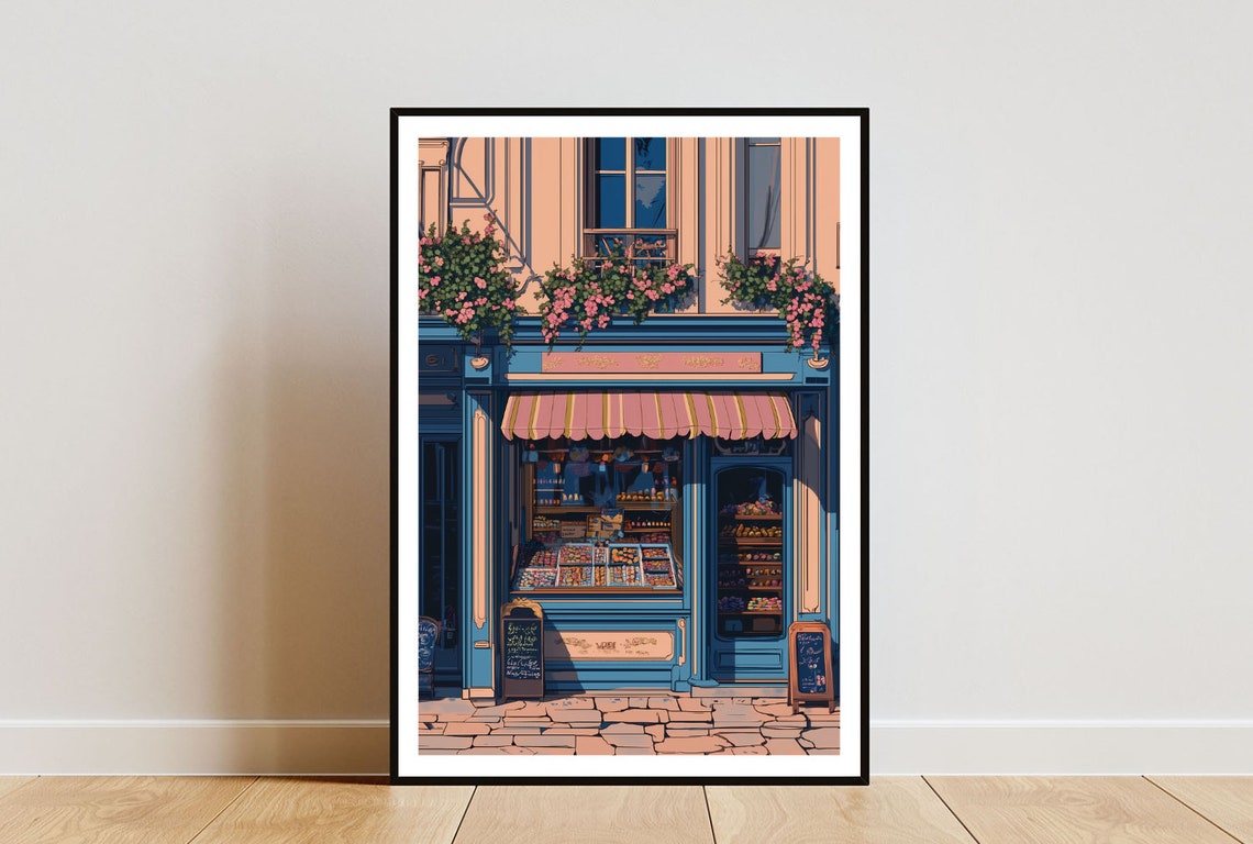 Retro Candy Shop Illustration Blue Storefront Sweets Scene Poster