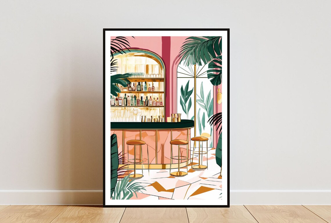 Retro Cocktail Bar Illustration Pink Gold Tropical Bar Poster