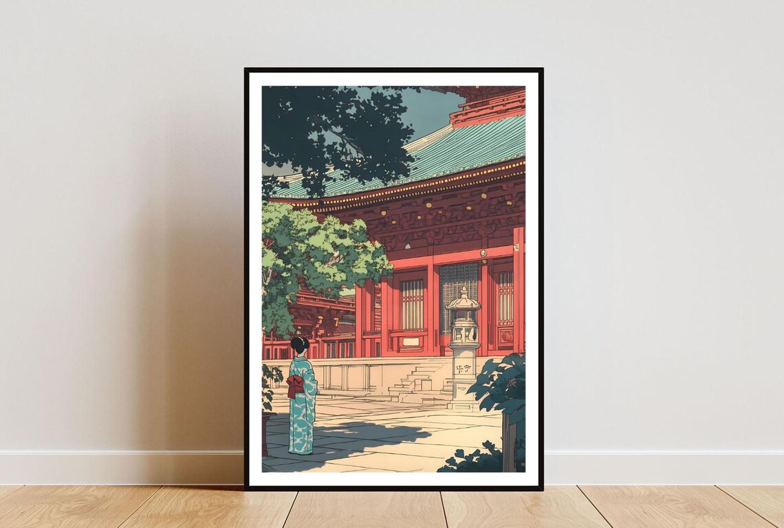 Vintage Japanese Red Temple Art Print Kimono Scene Wall Decor
