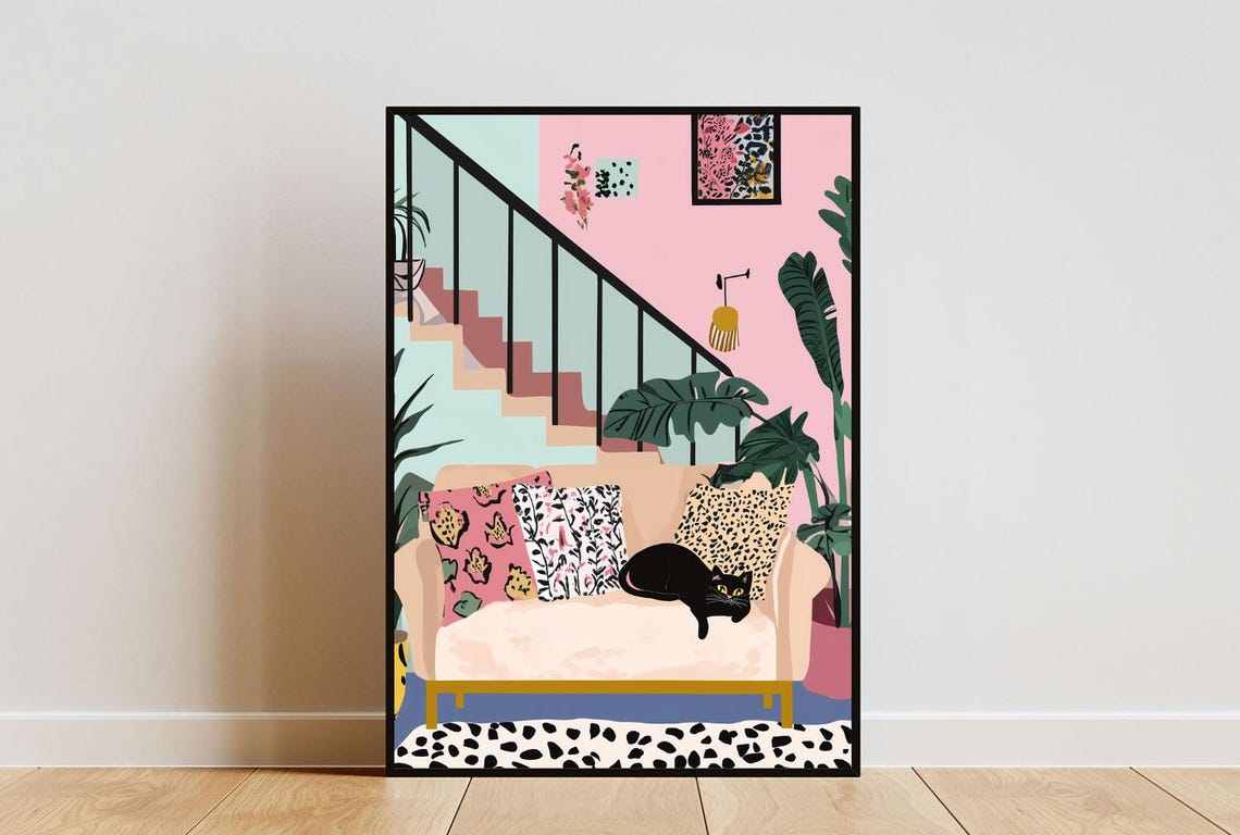 Black Cat Relaxing On Sofa Pink Boho Living Room Illustration Poster