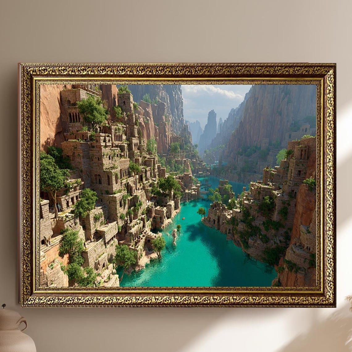 Ancient Cliffside City Fantasy Canyon Turquoise River Wall Poster