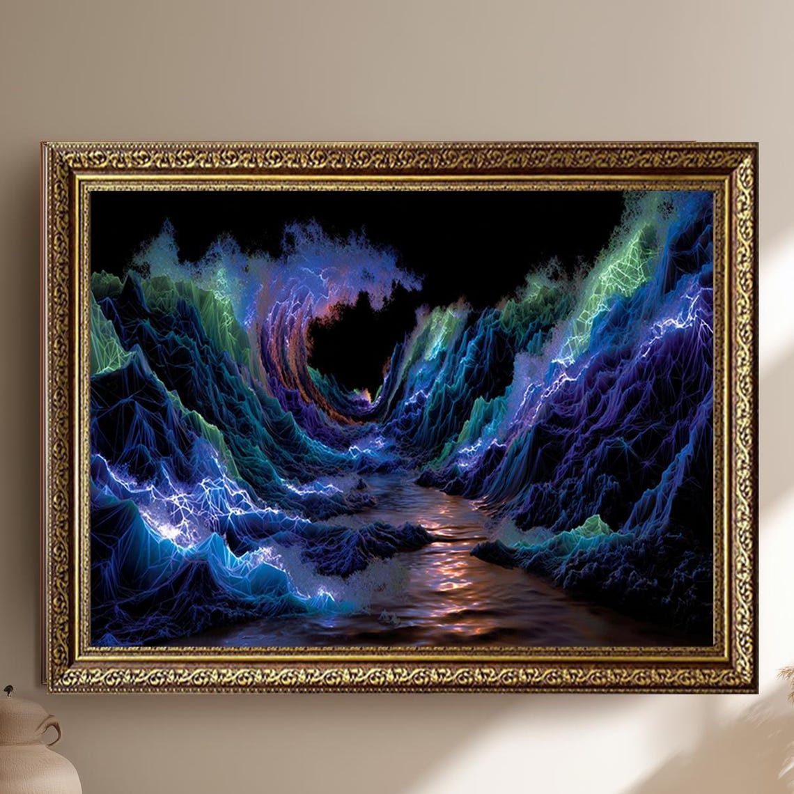 Neon Electric Wave Futuristic Abstract Ocean Energy Canvas Poster