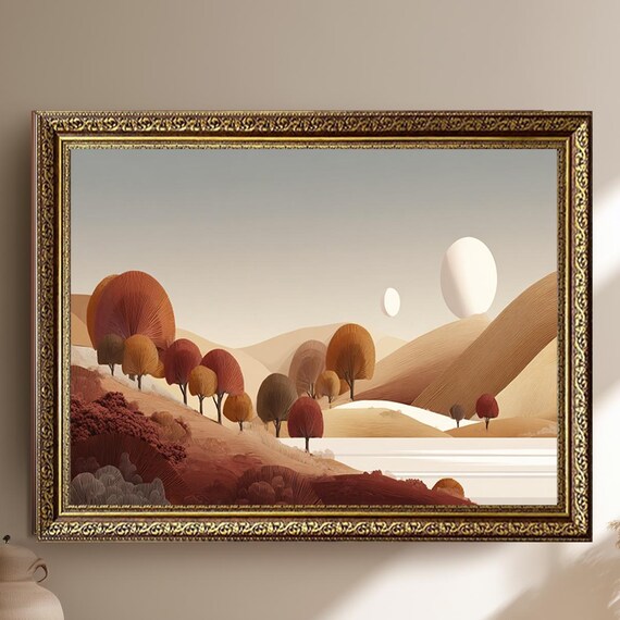 Minimalist Autumn Hills Round Trees Earth Tone Abstract Landscape Poster