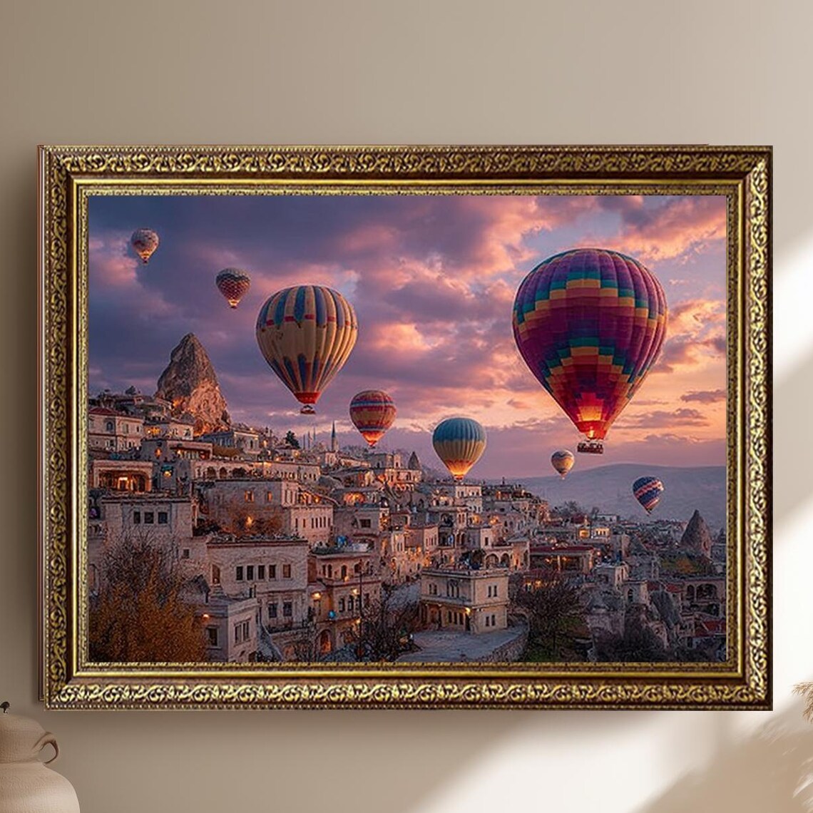 Cappadocia Hot Air Balloons Sunset Ancient Town Travel Art Poster