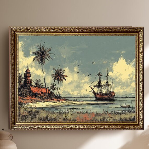 Vintage Tropical Island Sailing Galleon Lighthouse Nautical Poster
