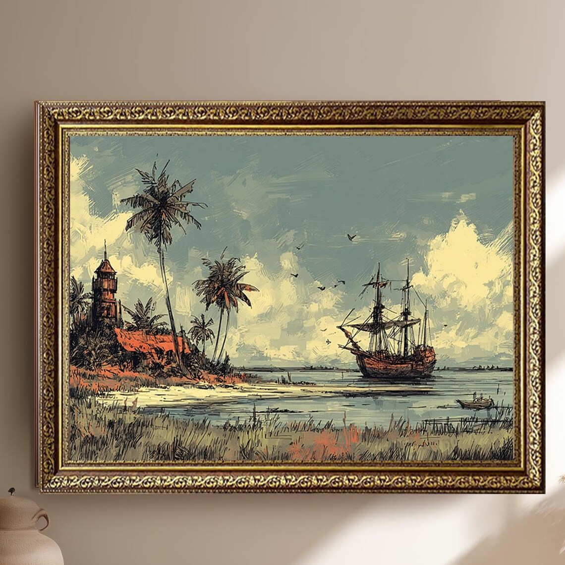 Vintage Tropical Island Sailing Galleon Lighthouse Nautical Poster