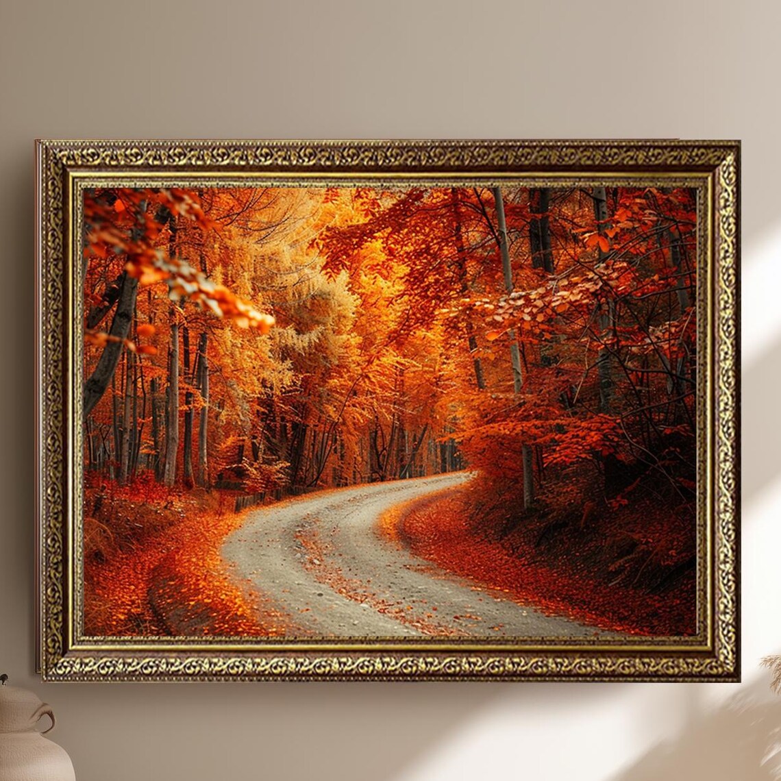 Winding Autumn Forest Road Through Golden Leaves Landscape Print