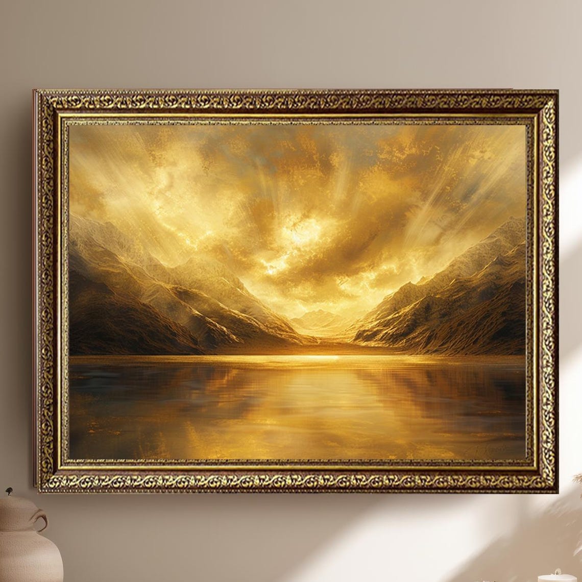 Golden Sunset Mountain Lake Landscape Painting Dramatic Sky Wall Art
