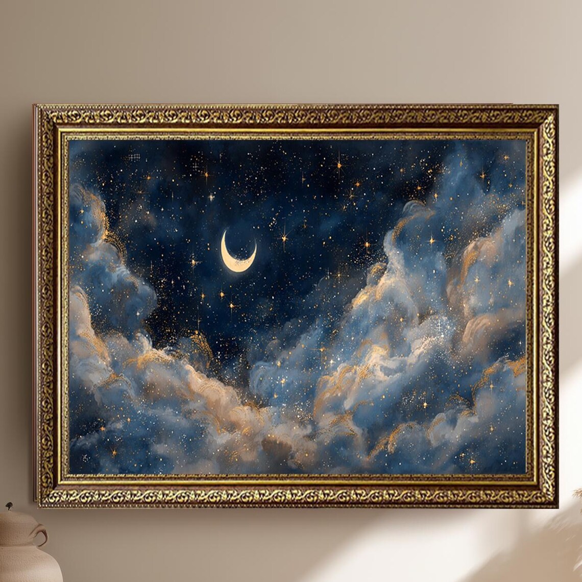 Crescent Moon Golden Clouds Starry Celestial Night Sky Poster