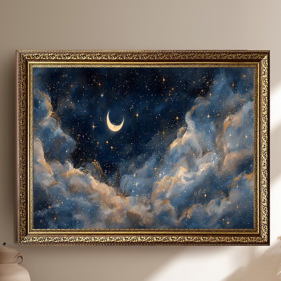 Crescent Moon Golden Clouds Starry Celestial Night Sky Poster