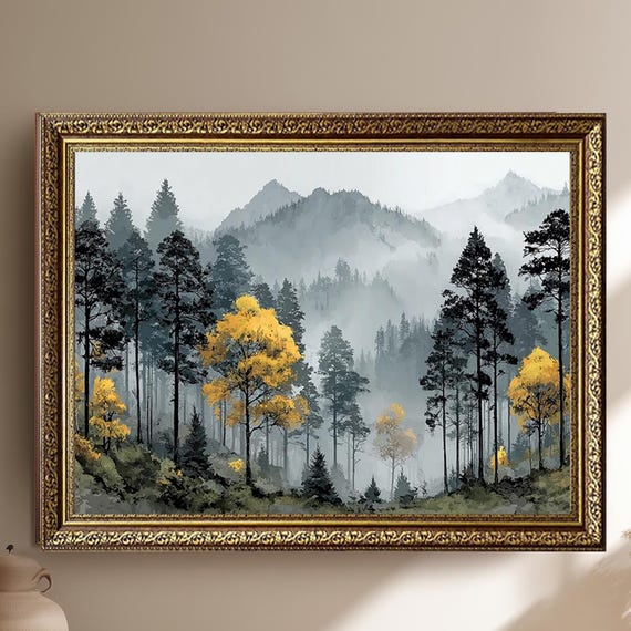 Misty Mountain Forest Canvas Print Yellow Tree Landscape Wall Art Tranquil Nature Scene Rustic Modern Decor For Living Room Or Bedroom