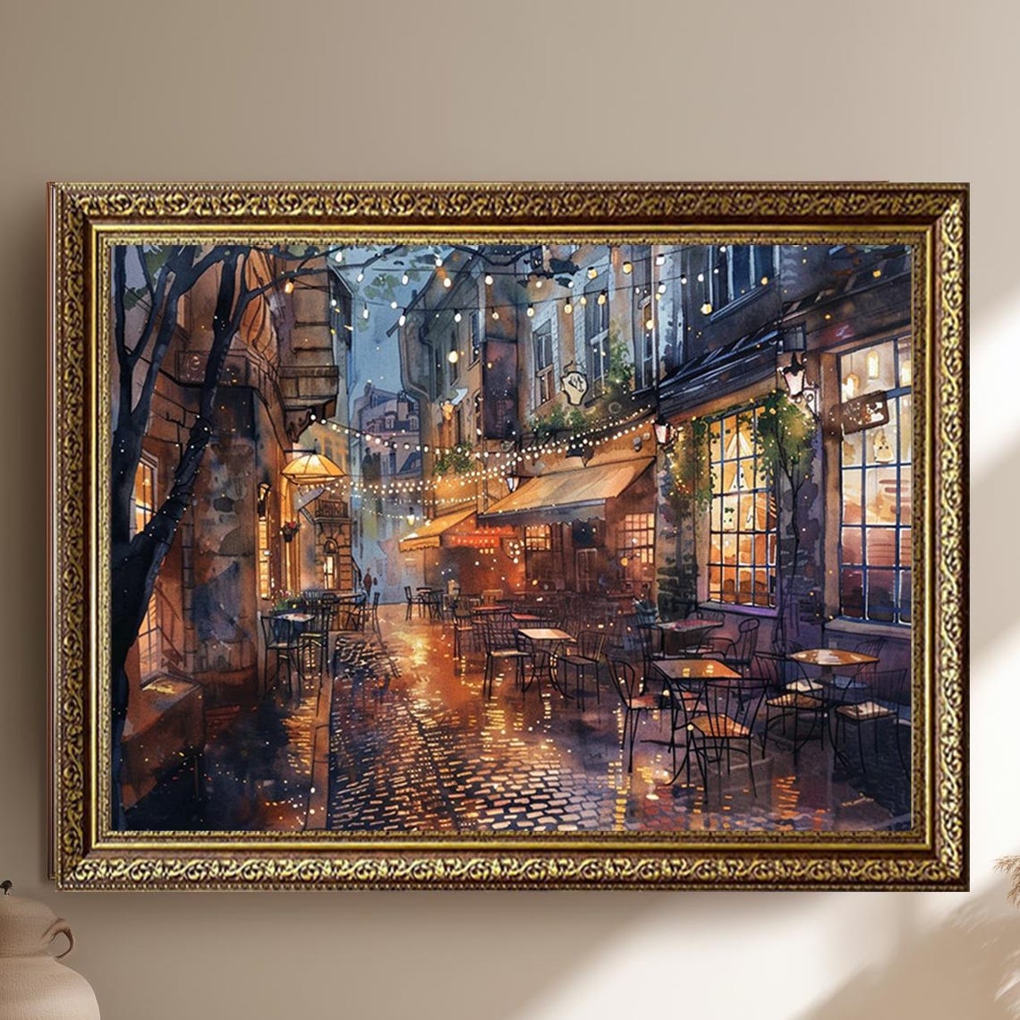 Romantic Evening Cafe String Lights Wet Cobblestone City Poster