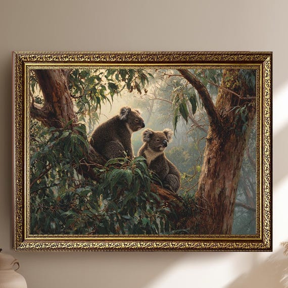 Koalas In Eucalyptus Tree Canvas Wall Art Cute Wildlife Nature Painting Tranquil Australian Animal Scene Print For Home Decor