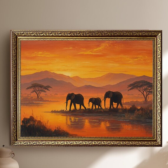 African Elephant Sunset Canvas Wall Art Wildlife Silhouette By River With Mountains And Orange Sky Safari Decor