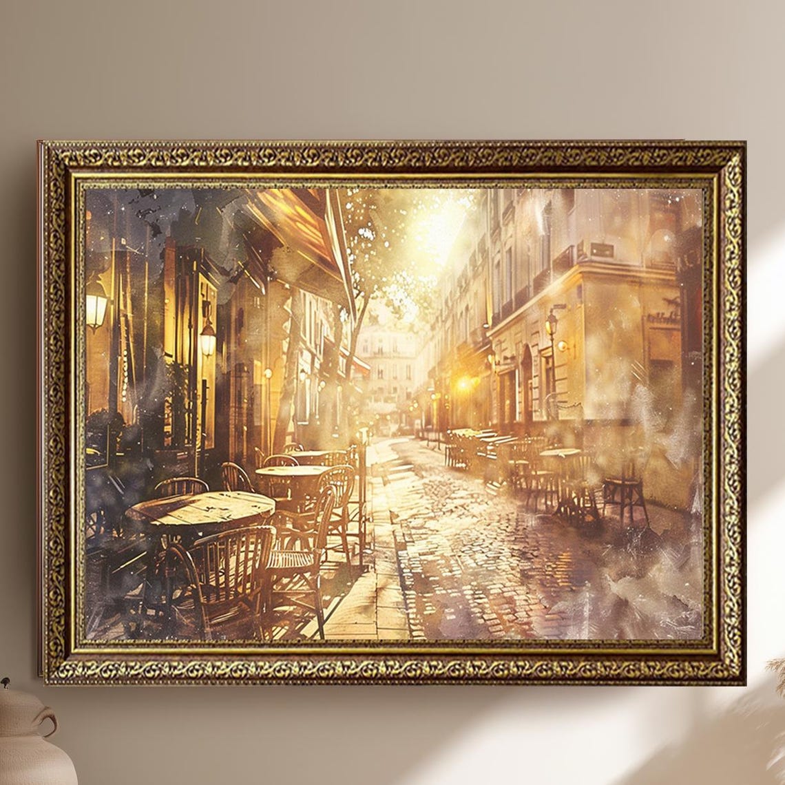 Vintage Paris Cafe Golden Sunlight Cobblestone Street Wall Poster