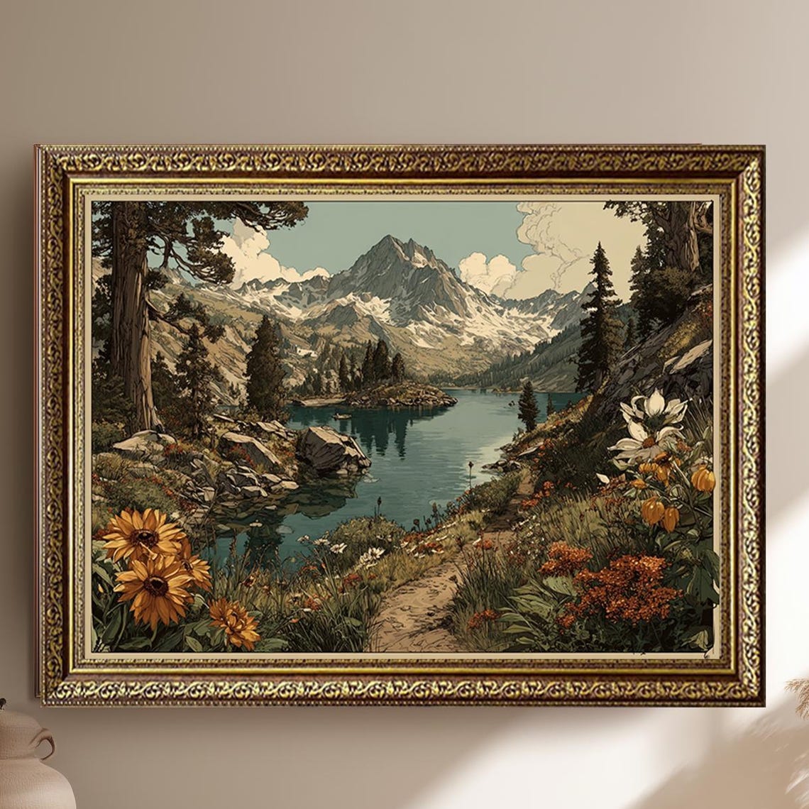 Mountain Lake Wildflower Path Vintage Nature Landscape Wall Art