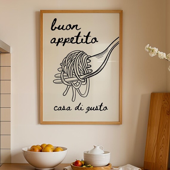 Buon Appetito Pasta Line Art Black and White Kitchen Wall Art