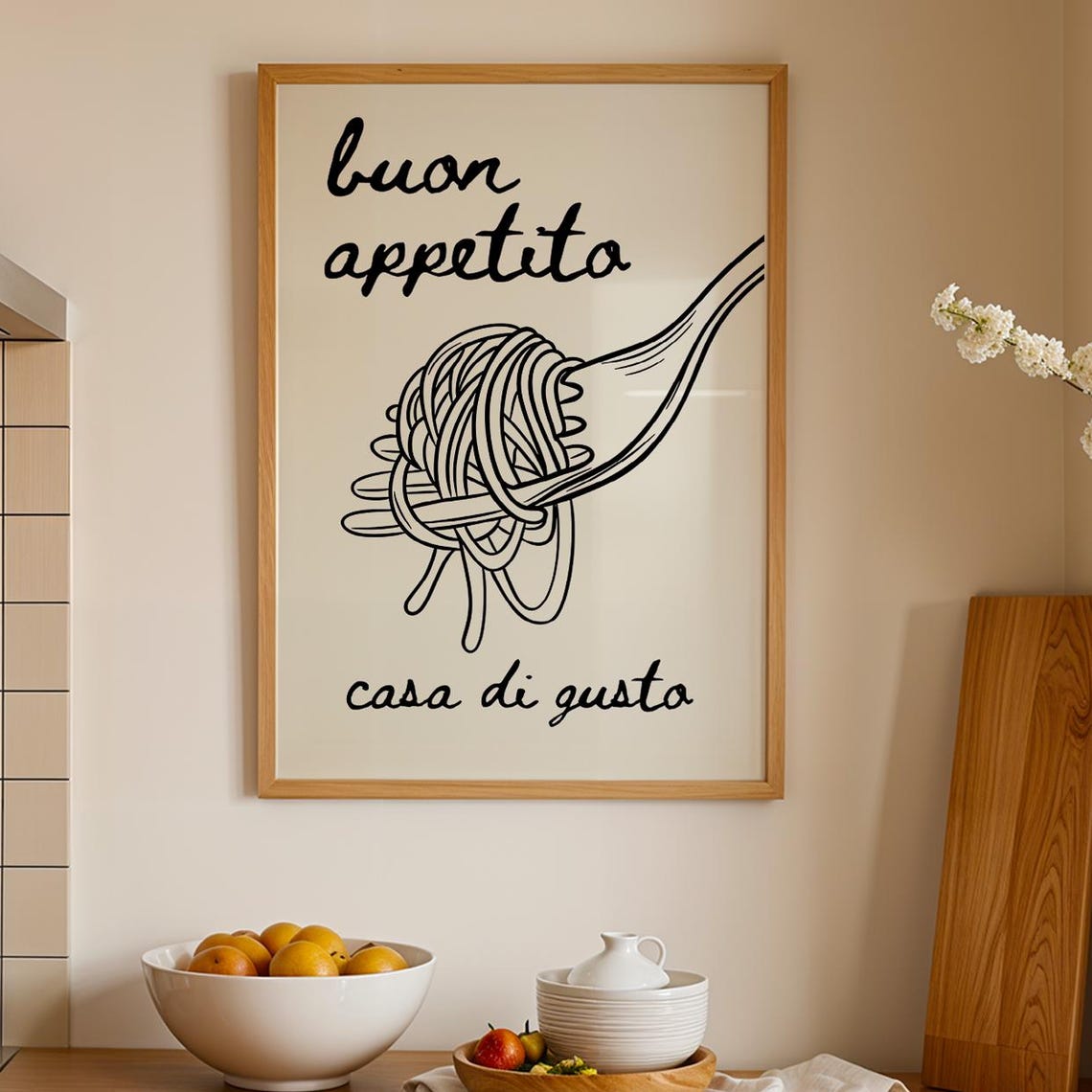 Buon Appetito Pasta Line Art Black and White Kitchen Wall Art